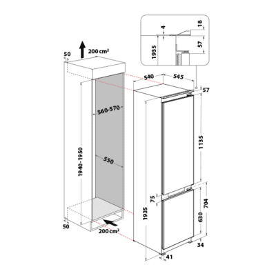 Whirlpool WHC20 T322 UK Built In Fridge Freezer - Dimensional Drawings